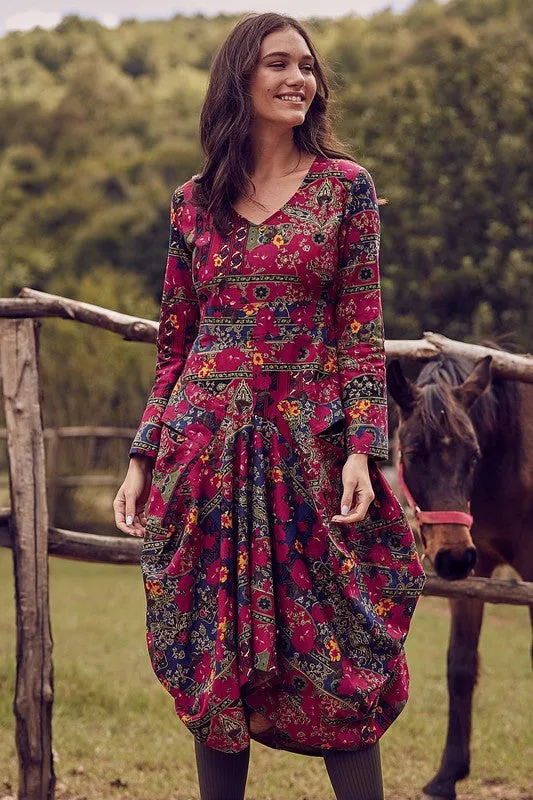 Roma Printed V Neckline Long Sleeve Dress