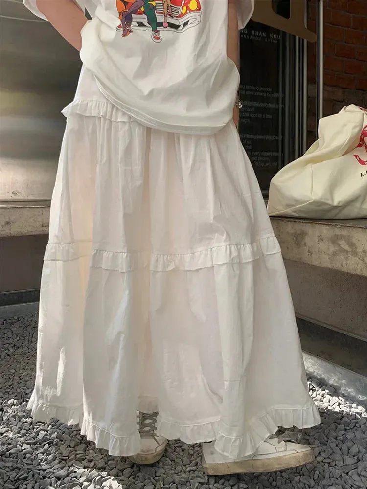 Ruffle Trim White Korean Style Elastic Waist Swing Skirt