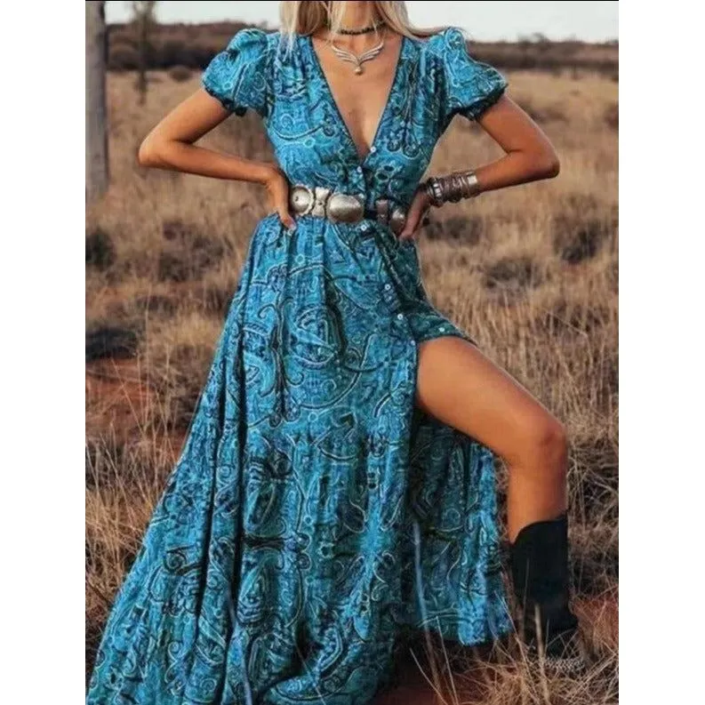 Short-sleeved maxi boho dress