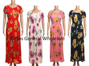 Short Sleeves Sunflower Maxi Dresses Wholesale