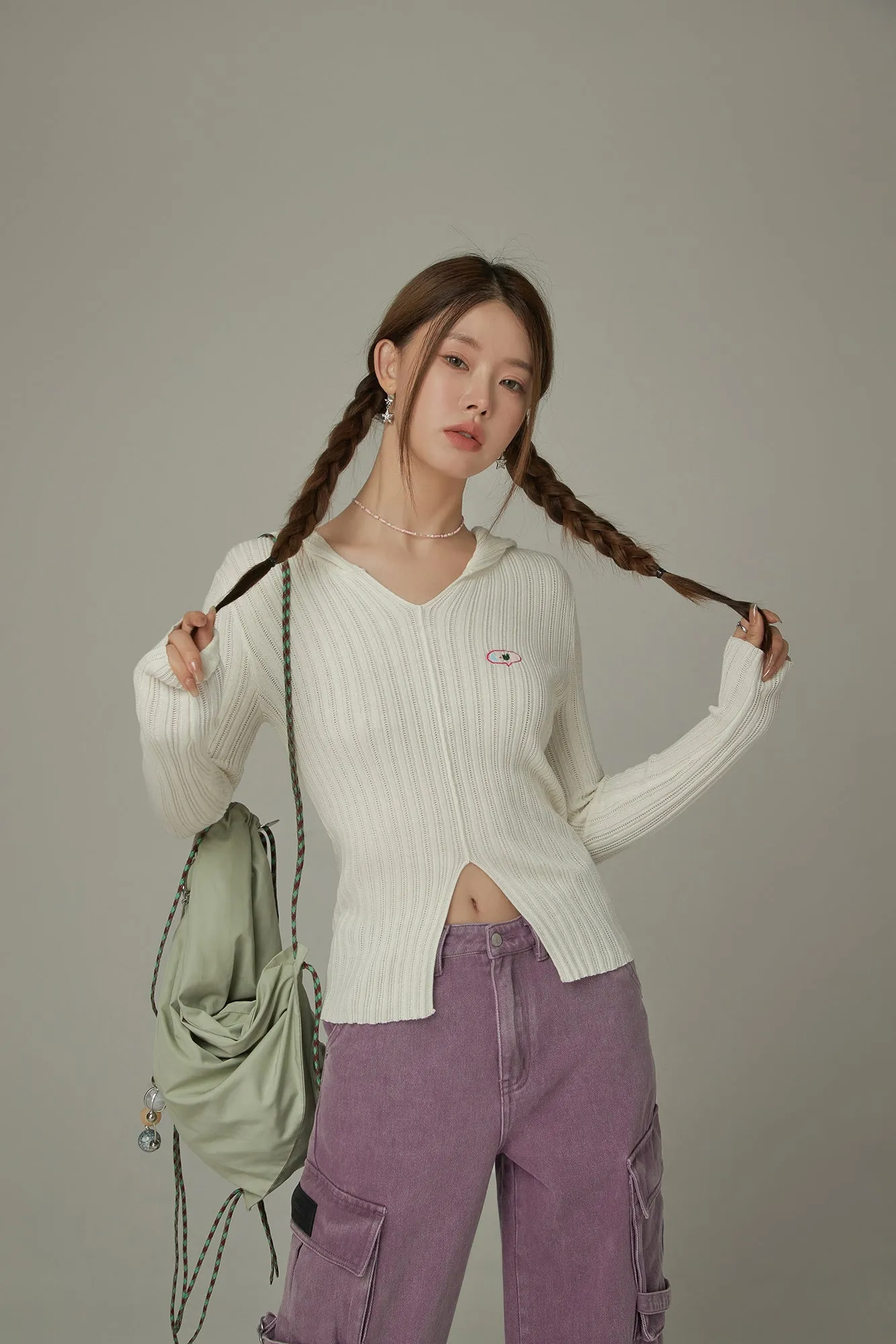 Slit Ribbed Hood Knit Sweater