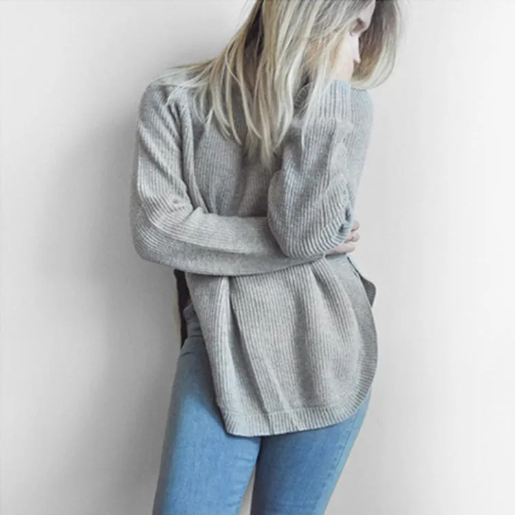 Split Round Neck Long Sleeve Sweaters