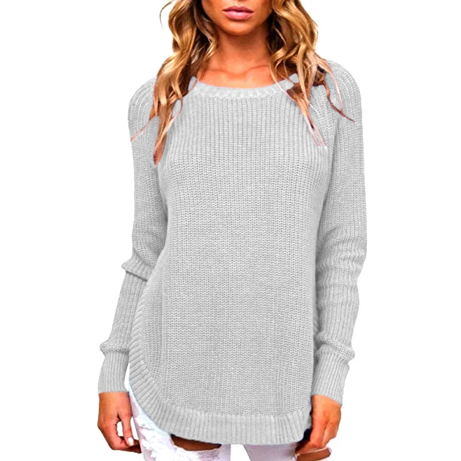 Split Round Neck Long Sleeve Sweaters