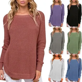 Split Round Neck Long Sleeve Sweaters