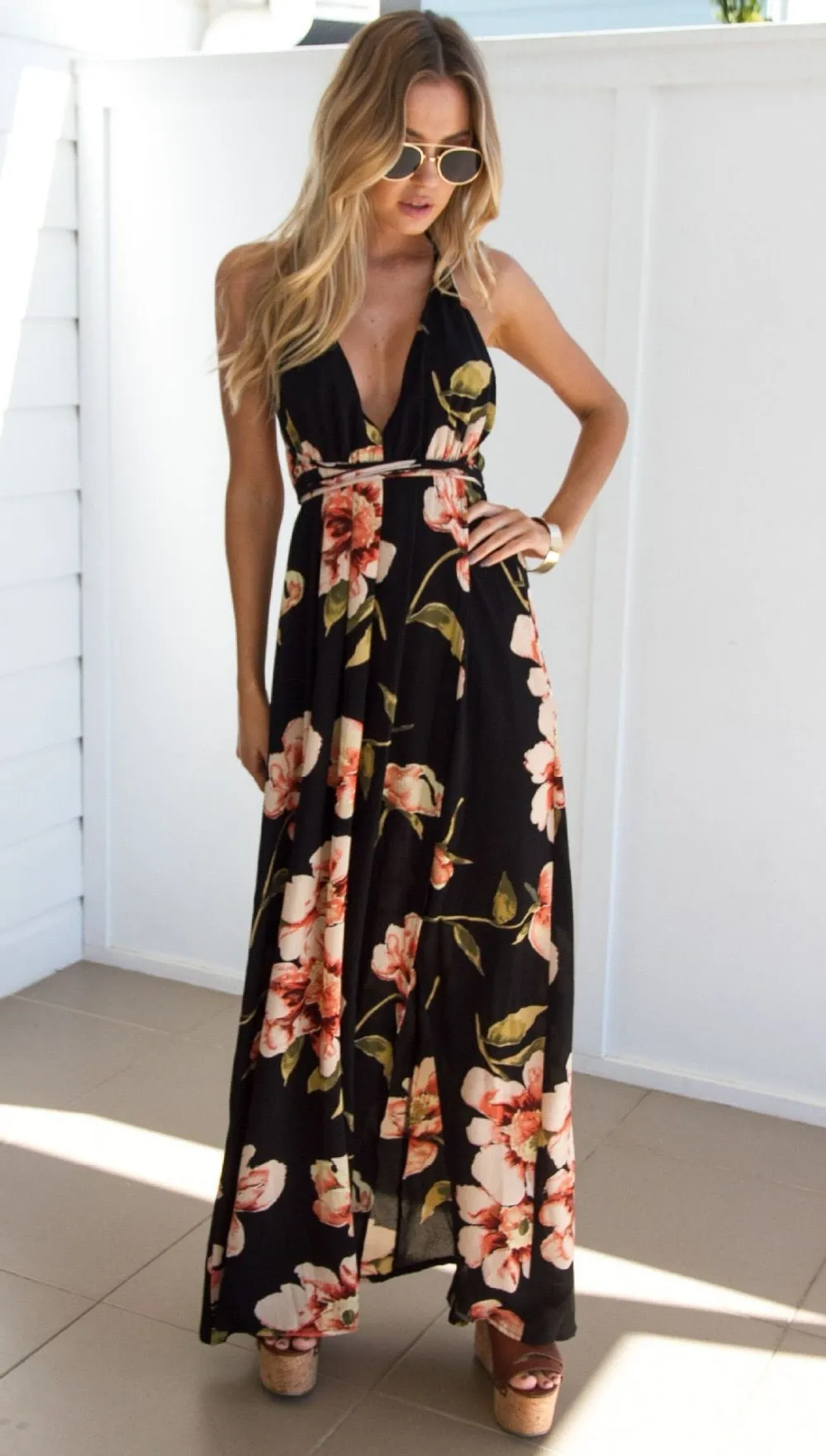 VenusFox Floral Sexy Maxi Backless Dresses