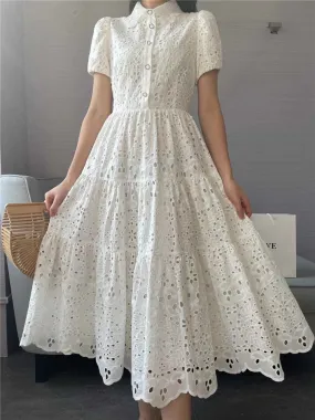 Vintage Elegant Women Summer Embroidery Hollow Out Midi Long Elegant Dresses Lady Boho A Line Vestidos Elbise Frocks Vestidos Za