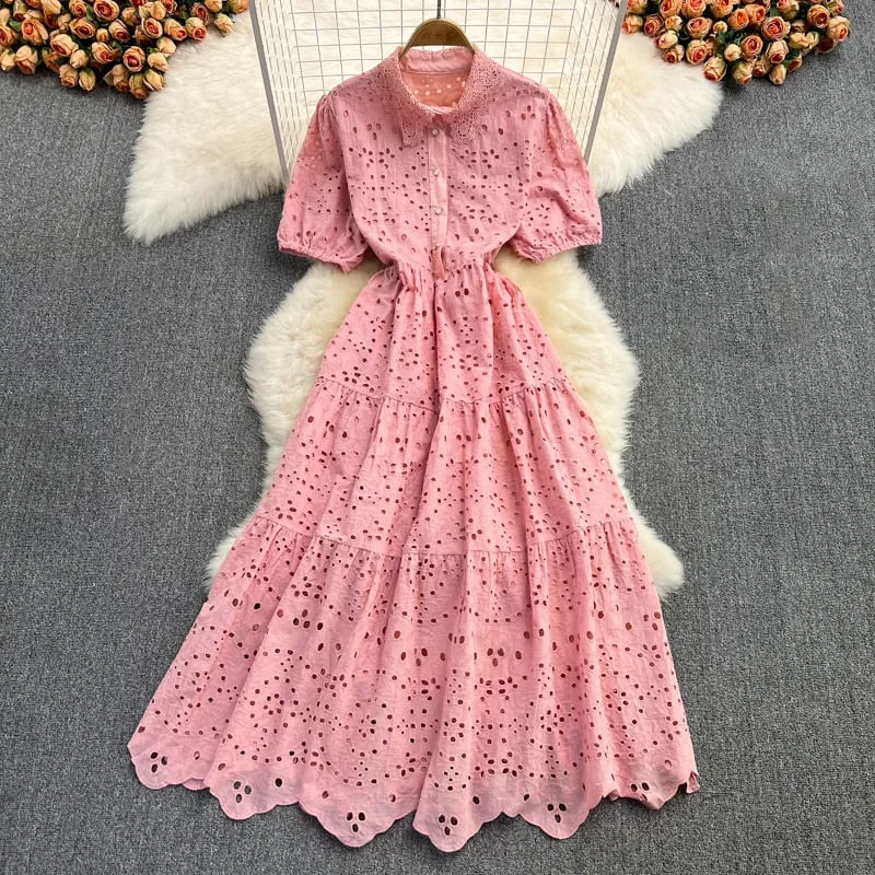 Vintage Elegant Women Summer Embroidery Hollow Out Midi Long Elegant Dresses Lady Boho A Line Vestidos Elbise Frocks Vestidos Za