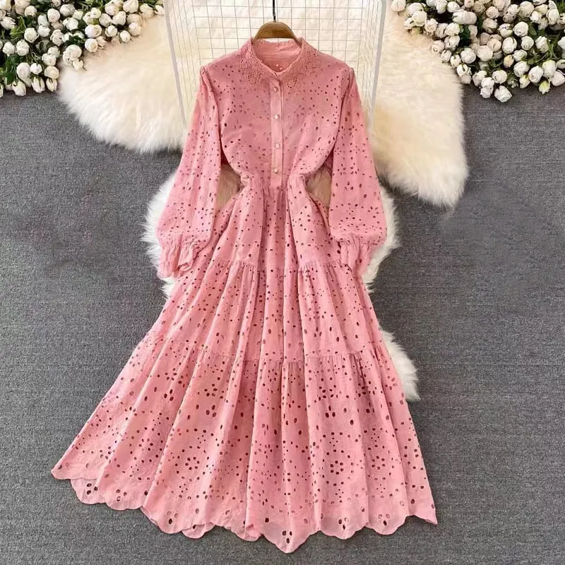 Vintage Elegant Women Summer Embroidery Hollow Out Midi Long Elegant Dresses Lady Boho A Line Vestidos Elbise Frocks Vestidos Za