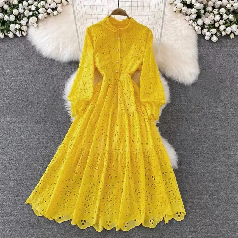 Vintage Elegant Women Summer Embroidery Hollow Out Midi Long Elegant Dresses Lady Boho A Line Vestidos Elbise Frocks Vestidos Za