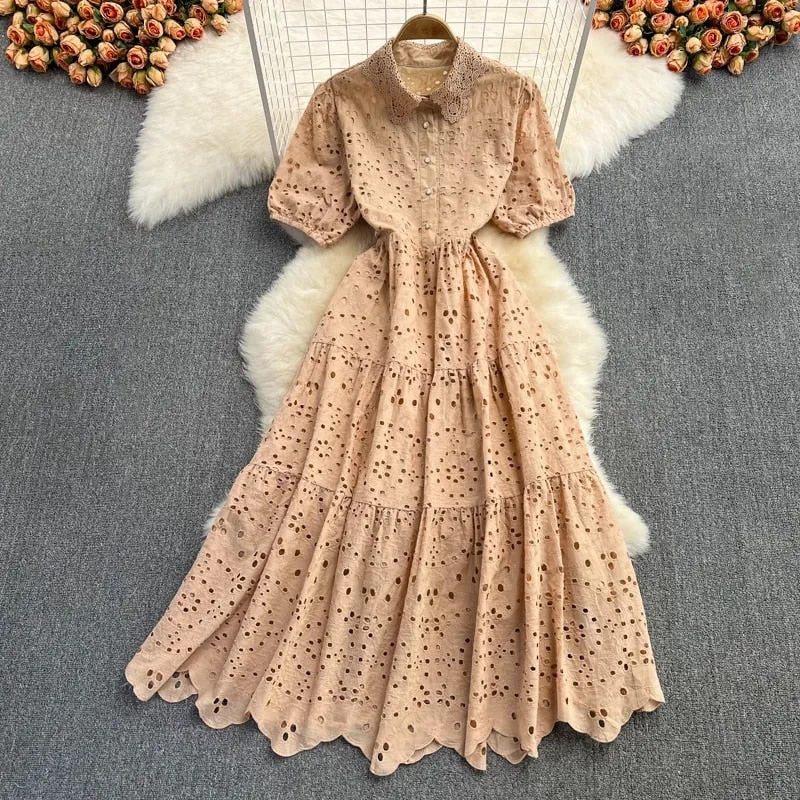 Vintage Elegant Women Summer Embroidery Hollow Out Midi Long Elegant Dresses Lady Boho A Line Vestidos Elbise Frocks Vestidos Za