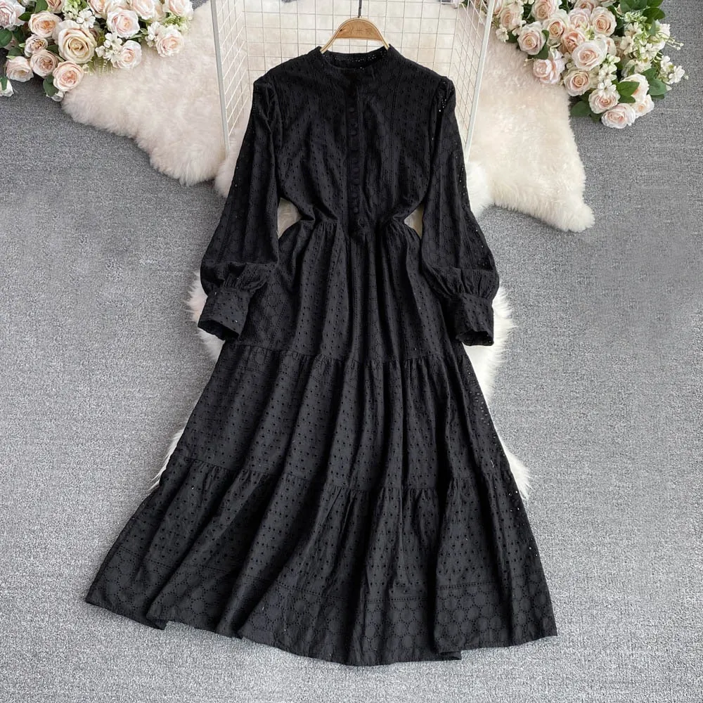 Vintage Elegant Women Summer Embroidery Hollow Out Midi Long Elegant Dresses Lady Boho A Line Vestidos Elbise Frocks Vestidos Za