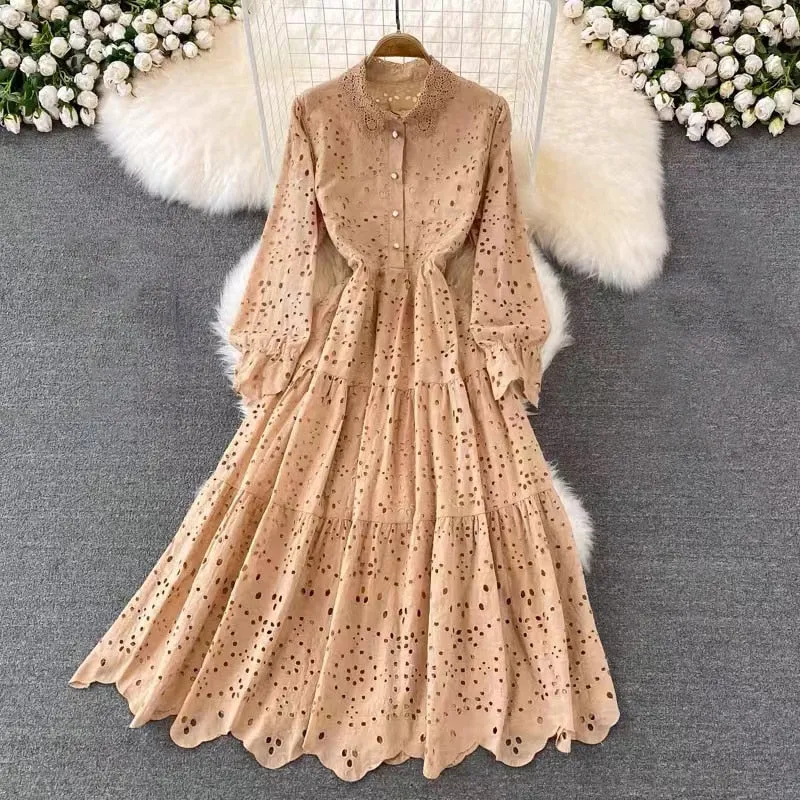 Vintage Elegant Women Summer Embroidery Hollow Out Midi Long Elegant Dresses Lady Boho A Line Vestidos Elbise Frocks Vestidos Za