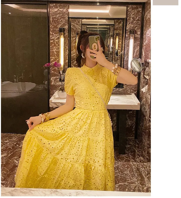 Vintage Elegant Women Summer Embroidery Hollow Out Midi Long Elegant Dresses Lady Boho A Line Vestidos Elbise Frocks Vestidos Za