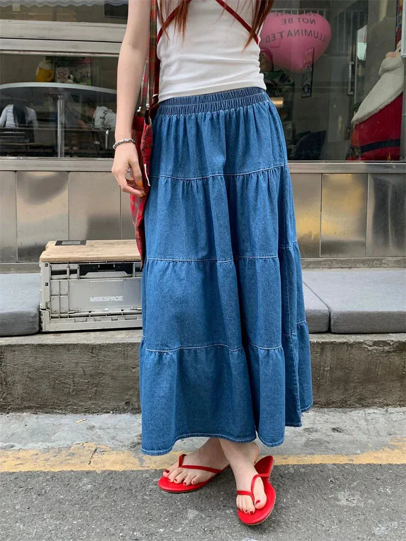 Vintage Ruffle Hem Korean Casual Elastic Waist Long Skirt