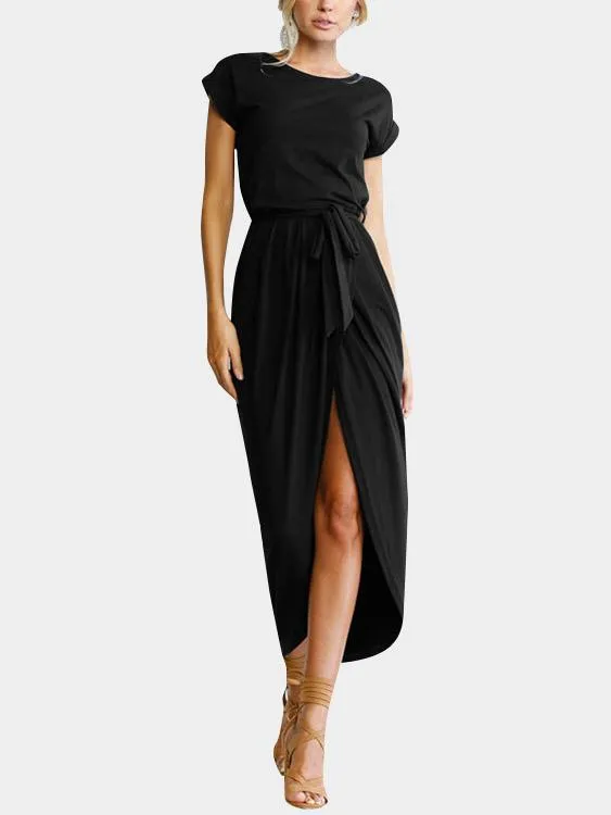 Wholesale Black Round Neck Short Sleeve Maxi Dresses