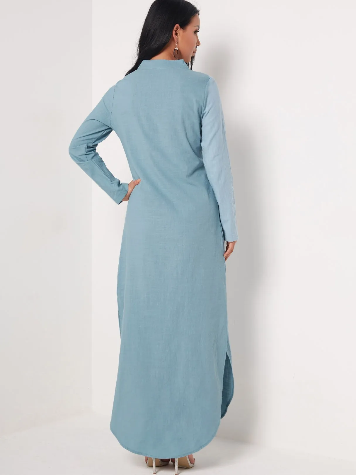 Wholesale Blue Deep V Neck Long Sleeve Slit Hem Maxi Dress