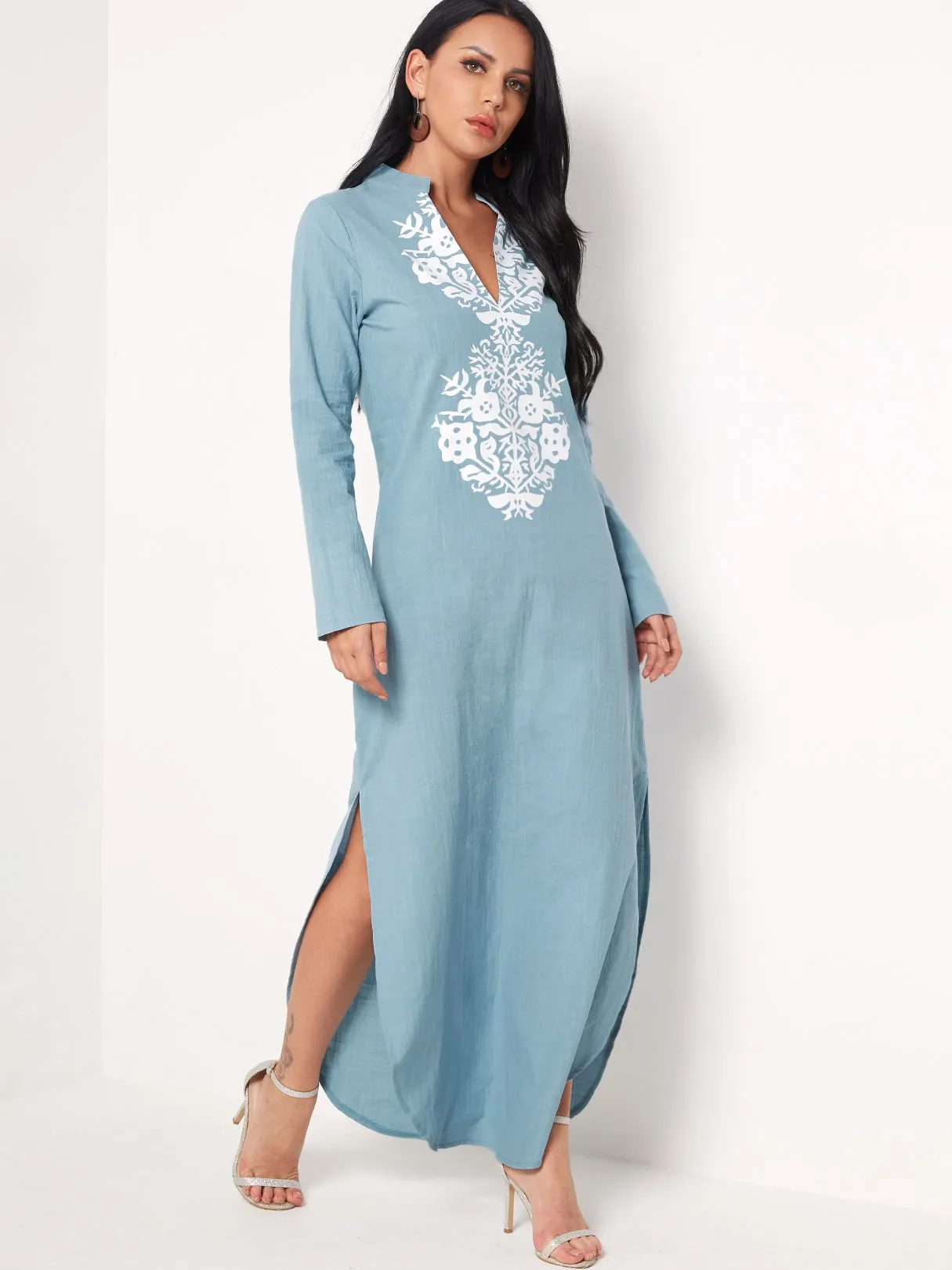 Wholesale Blue Deep V Neck Long Sleeve Slit Hem Maxi Dress