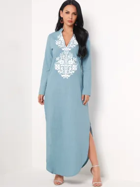 Wholesale Blue Deep V Neck Long Sleeve Slit Hem Maxi Dress