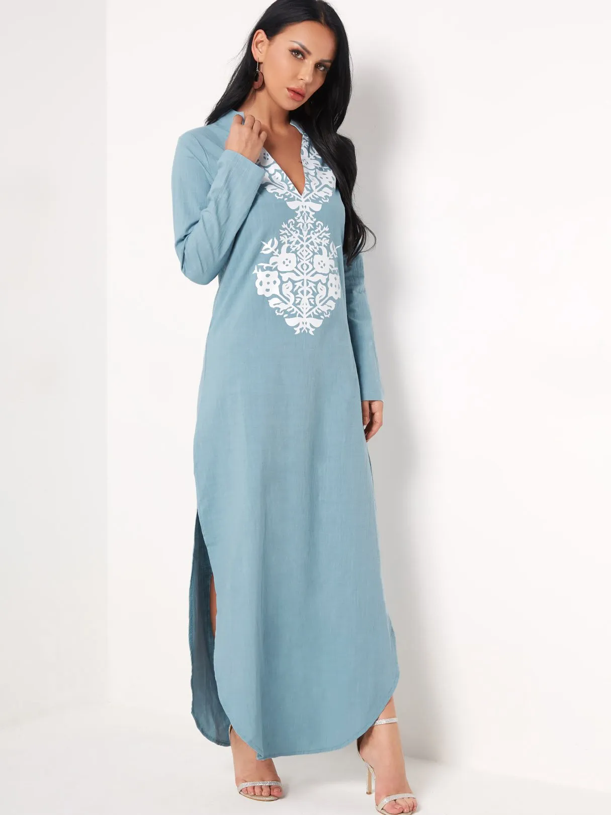 Wholesale Blue Deep V Neck Long Sleeve Slit Hem Maxi Dress