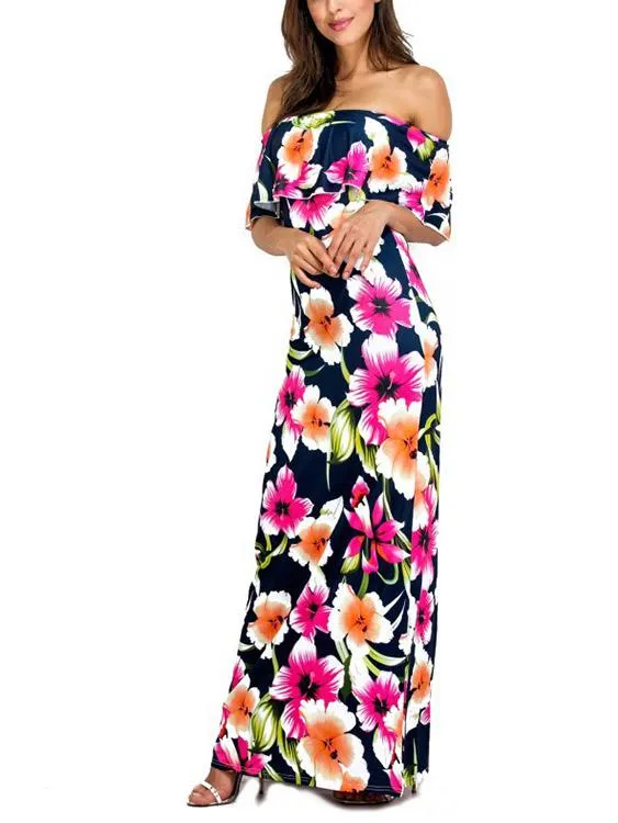 Wholesale Navy Off The Shoulder Sleeveless Tiered Backless Maxi Dress