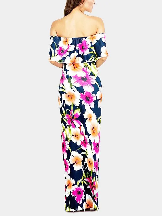 Wholesale Navy Off The Shoulder Sleeveless Tiered Backless Maxi Dress