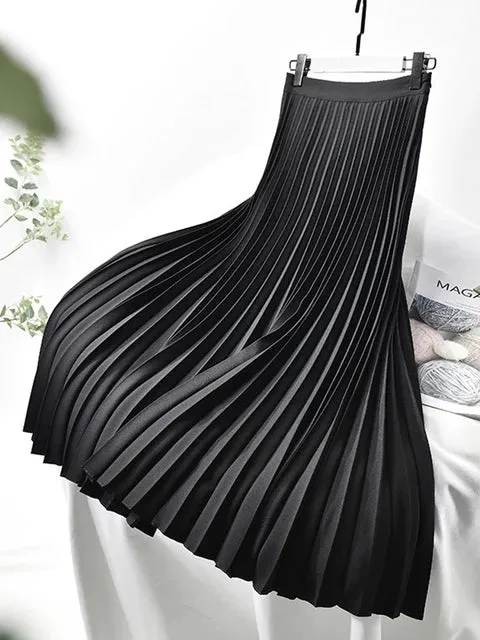 Women Spring Autumn Elegant Chic Solid Pleated Skirt High Waist Luxury Fashion With Elastic Female C-035