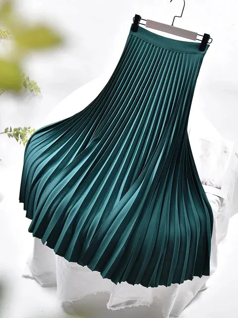 Women Spring Autumn Elegant Chic Solid Pleated Skirt High Waist Luxury Fashion With Elastic Female C-035